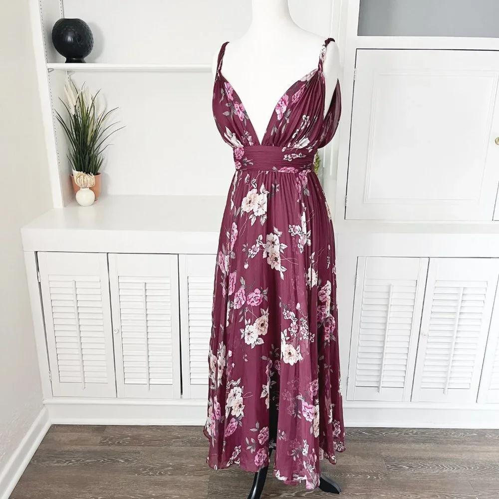 Jill Stuart | Burgundy Floral Print Pleated Zola Midi Dress | 0 - Picture 3 of 10